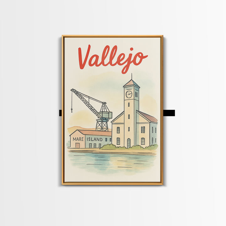 Vallejo California Travel Poster, Canvas Print, Hand Drawn Watercolor Art, Vallejo Poster Print, City Travel Prints, Retro Travel Print