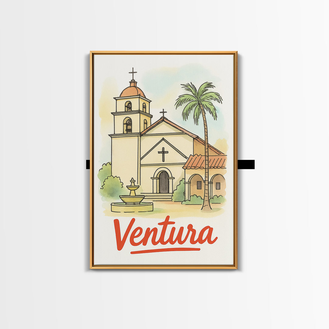 Ventura California Travel Poster, Framed Canvas Print, Illustrated City Wall Art, Ventura City Art, Travel Poster Art, Gift For Travelers
