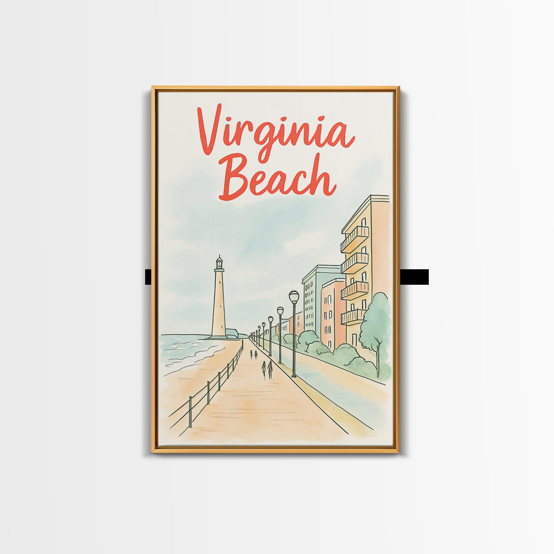 Virginia Beach Travel Poster, Canvas Print, Soft Sketch Travel Art, Virginia Beach Travel Art, Travel Poster Set, City Art Print