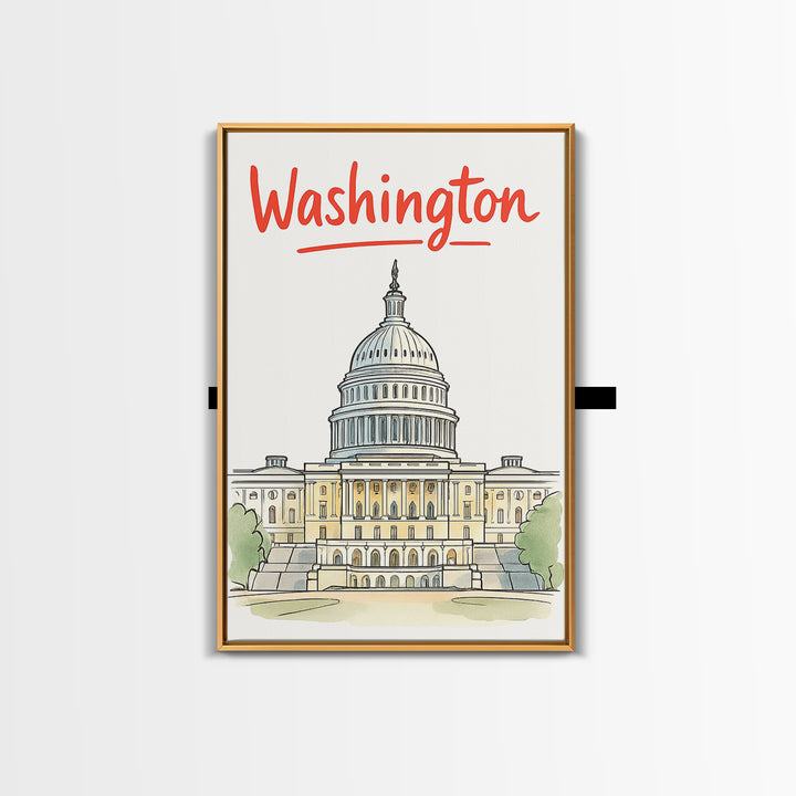 Washington Travel Poster, Framed Canvas Print, Soft Sketch Travel Art, Washington Poster Print, Travel Poster Art, City Illustration