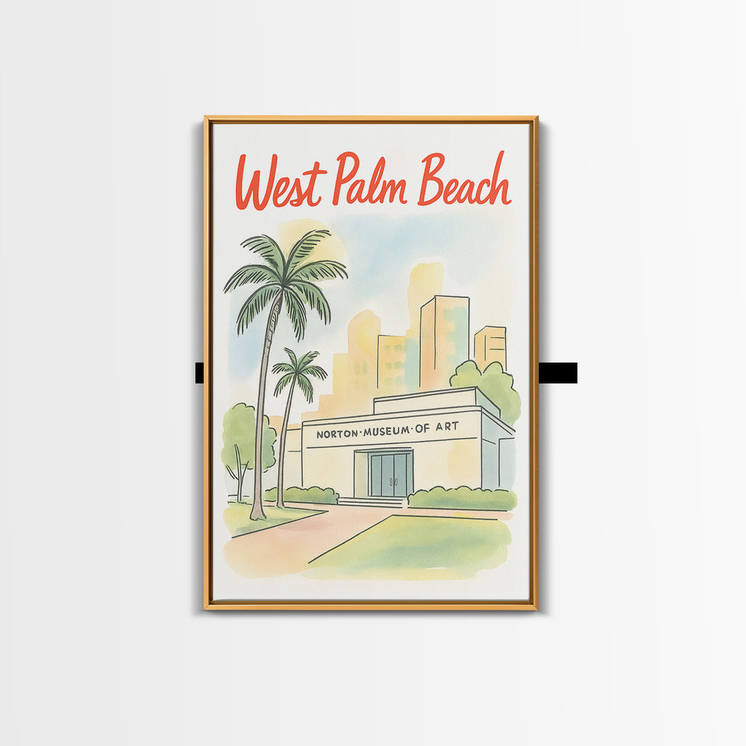 West Palm Beach Travel Poster, Framed Canvas Print, Hand Drawn Watercolor Art, West Palm Beach Wall Art, Travel Wall Decor, Fine Art Print