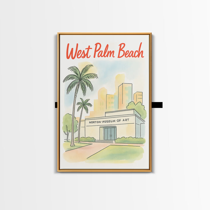 West Palm Beach Travel Poster, Framed Canvas Print, Hand Drawn Watercolor Art, West Palm Beach Wall Art, Travel Wall Decor, Fine Art Print