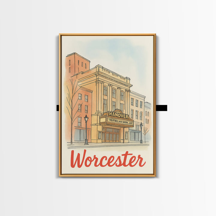 Worcester Massachusetts Travel Poster, Canvas Print, Illustrated City Wall Art, Worcester Art Print, Travel Art, Mid Century Wall Art