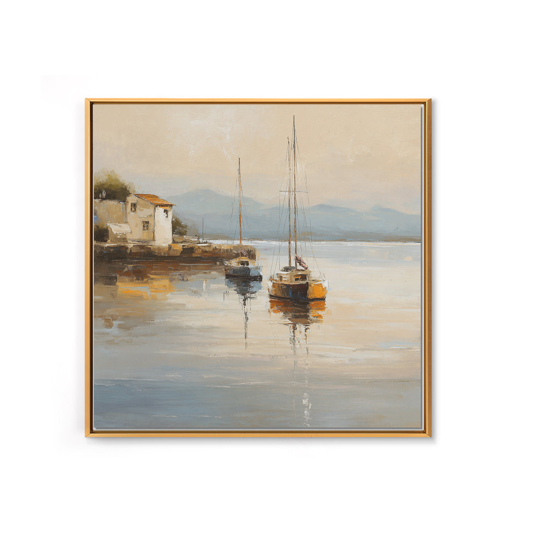Quiet Harbor with Sailboats at Dawn Canvas Print, Hotel Art, Coastal Wall Art, Hotel Decor, Oil Painting, Boutique, HOT-1x1-22