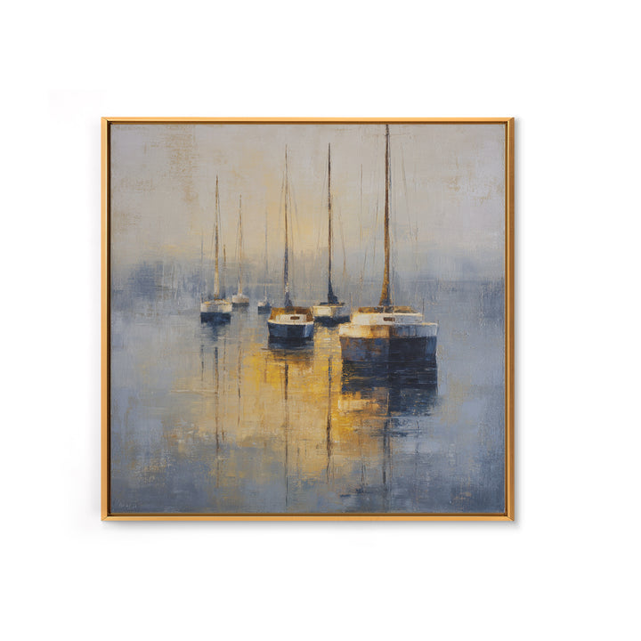 Quiet Harbor with Sailboats at Dawn Framed Canvas Print, Hotel Art, Gallery Wall Set, Hotel Decor, Fine Art, Boutique, HOT-1x1-46
