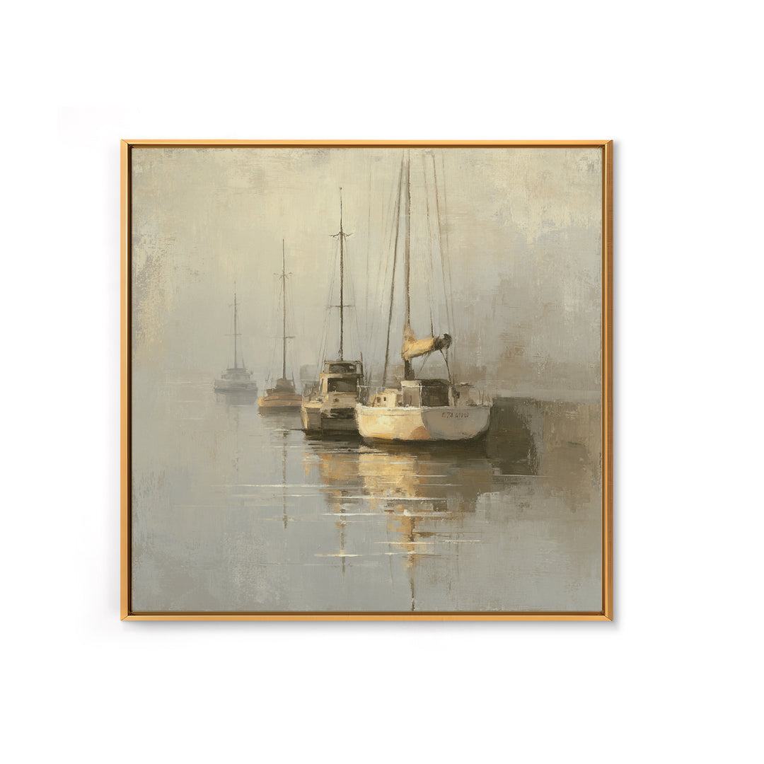 Quiet Harbor with Sailboats at Dawn Framed Canvas Print, Hotel Art, Gallery Wall Set, Hotel Decor, Fine Art, Boutique, HOT-1x1-70