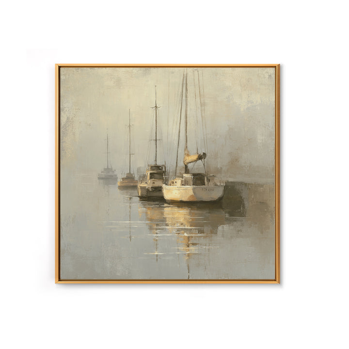 Quiet Harbor with Sailboats at Dawn Framed Canvas Print, Hotel Art, Gallery Wall Set, Hotel Decor, Fine Art, Boutique, HOT-1x1-70