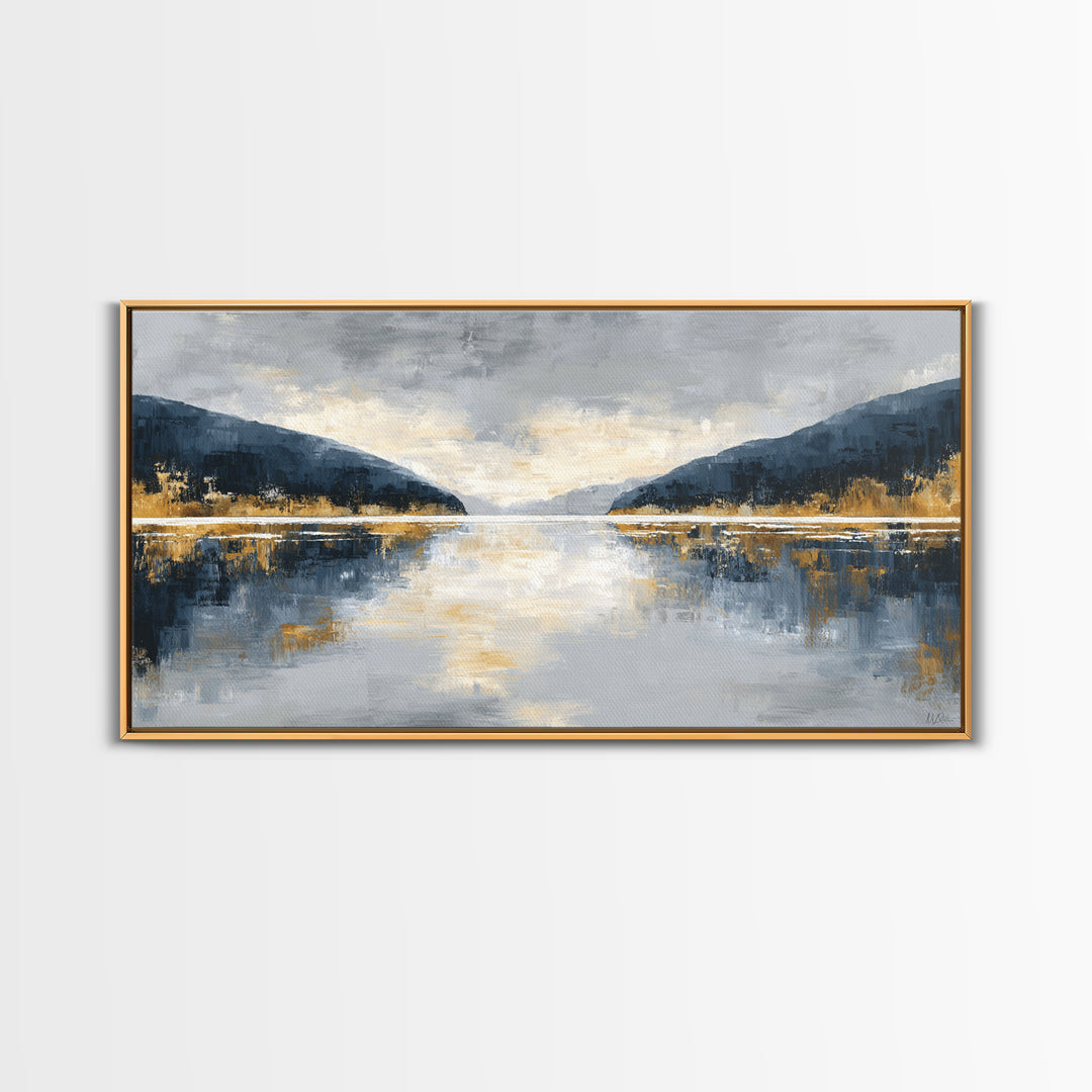 Serene Mountain Lake for Boutique Hotel Mood Framed Canvas Print, Hotel Art, Coastal Decor, Hotel Decor, Oil Painting, Boutique, HOT-2x1-100