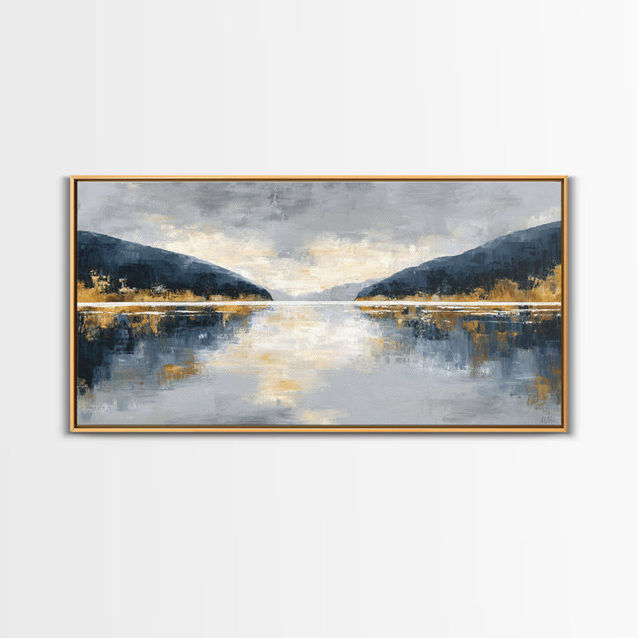 Serene Mountain Lake for Boutique Hotel Mood Framed Canvas Print, Hotel Art, Coastal Decor, Hotel Decor, Oil Painting, Boutique, HOT-2x1-100