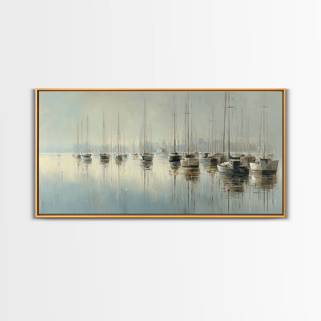 Quiet Harbor with Sailboats at Dawn Framed Canvas Print, Hotel Art, Room Decor, Hotel Decor, Fine Art, Boutique, Art Print, HOT-2x1-42