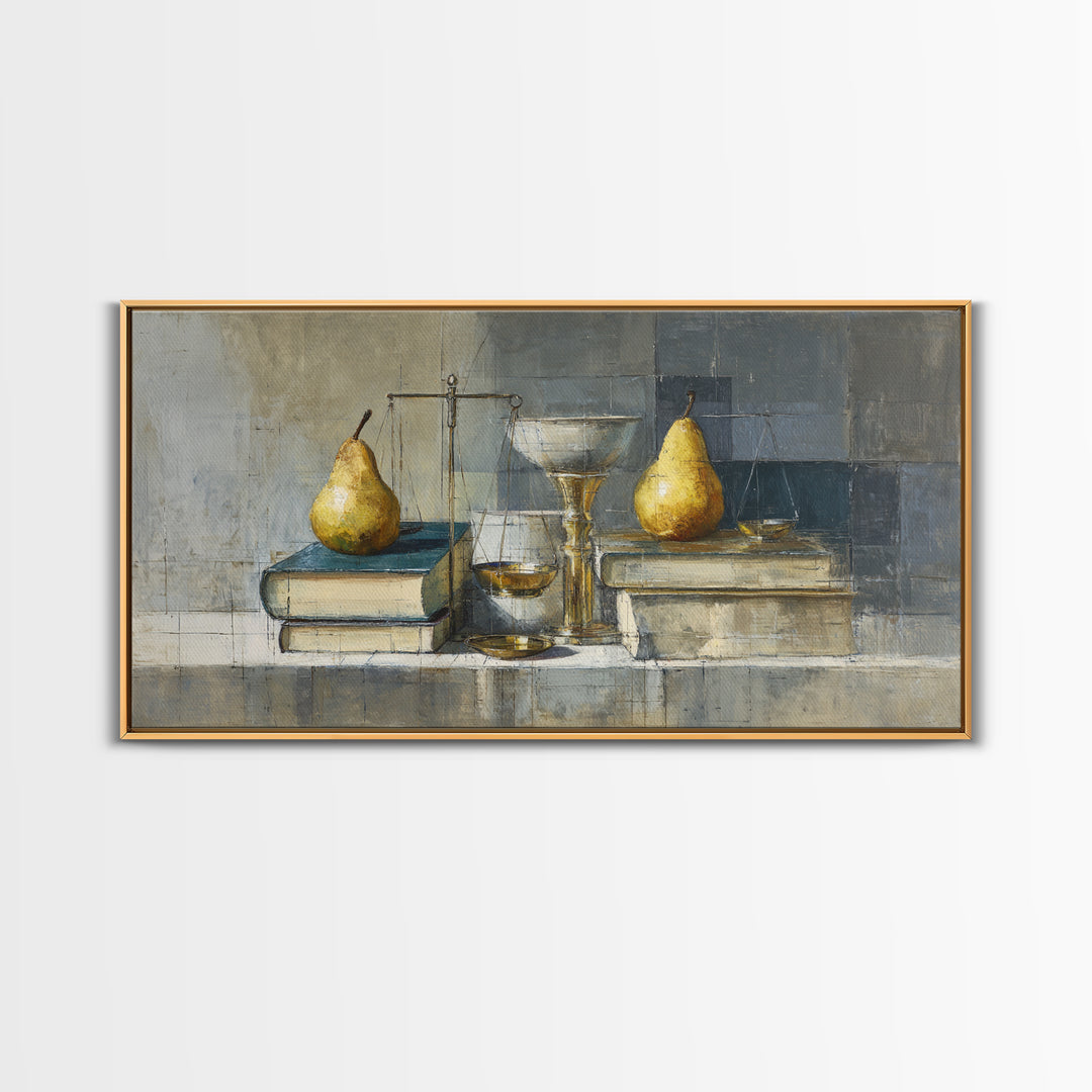 Elegant Pear Still Life on Linen Framed Canvas Print, Hotel Art, Art Deco, Hotel Decor, Fine Art, Boutique, Minimalist Wall Art, HOT-2x1-65