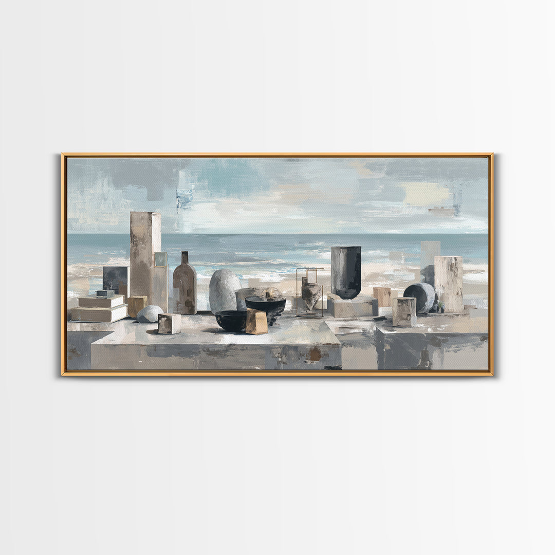 Mediterranean Terrace View Focused on Sea and Framed Canvas Print, Hotel Art, Travel Poster, Hotel Decor, Fine Art, Boutique, HOT-2x1-79