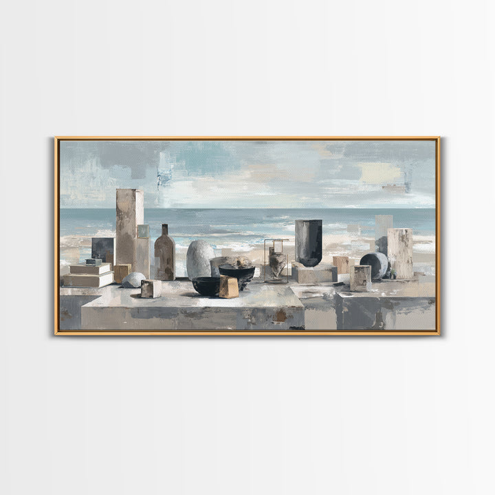 Mediterranean Terrace View Focused on Sea and Framed Canvas Print, Hotel Art, Travel Poster, Hotel Decor, Fine Art, Boutique, HOT-2x1-79