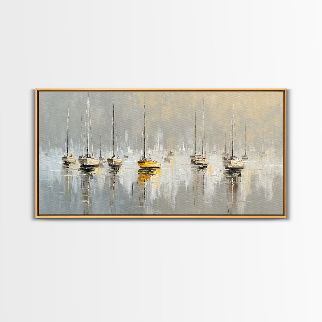 Quiet Harbor with Sailboats at Dawn Framed Canvas Print, Hotel Art, Hotel Decor, Oil Painting, Boutique, Modern Wall Art, HOT-2x1-90