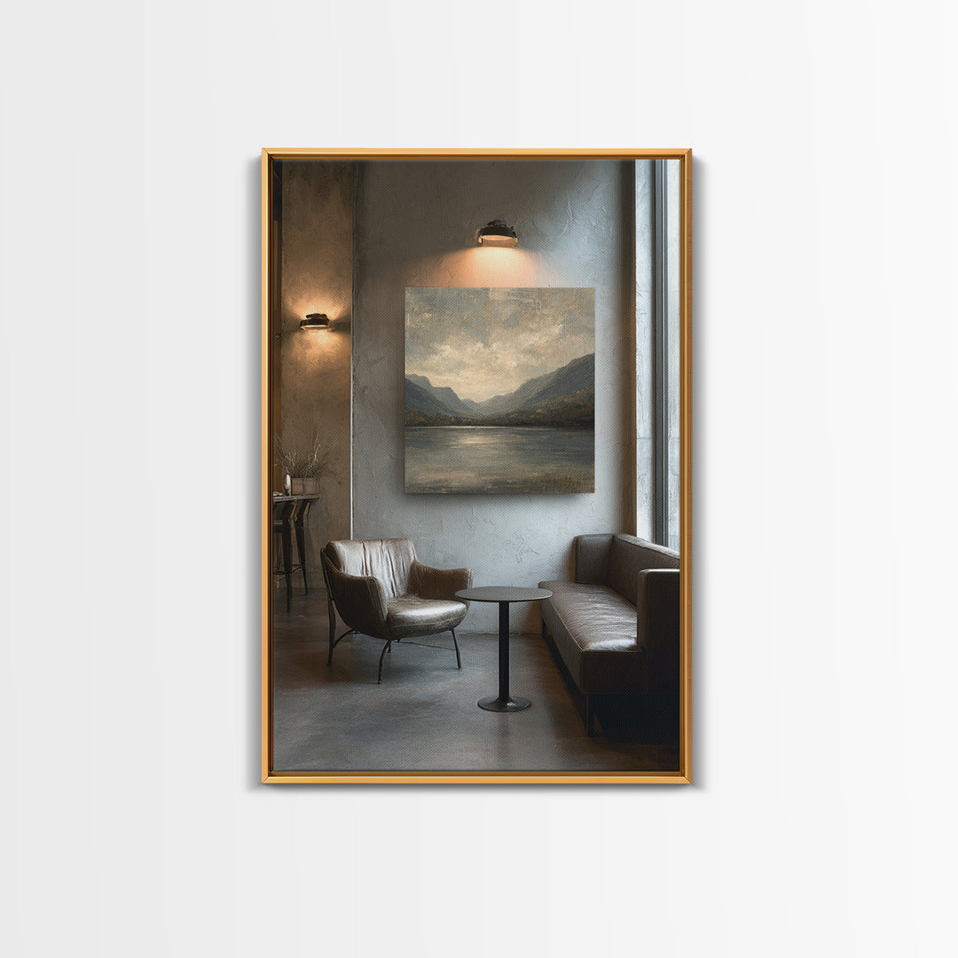 Serene Mountain Lake for Boutique Hotel Mood Framed Canvas Print, Hotel Art, Painting, Hotel Decor, Fine Art, Boutique, HOT-2x3-64
