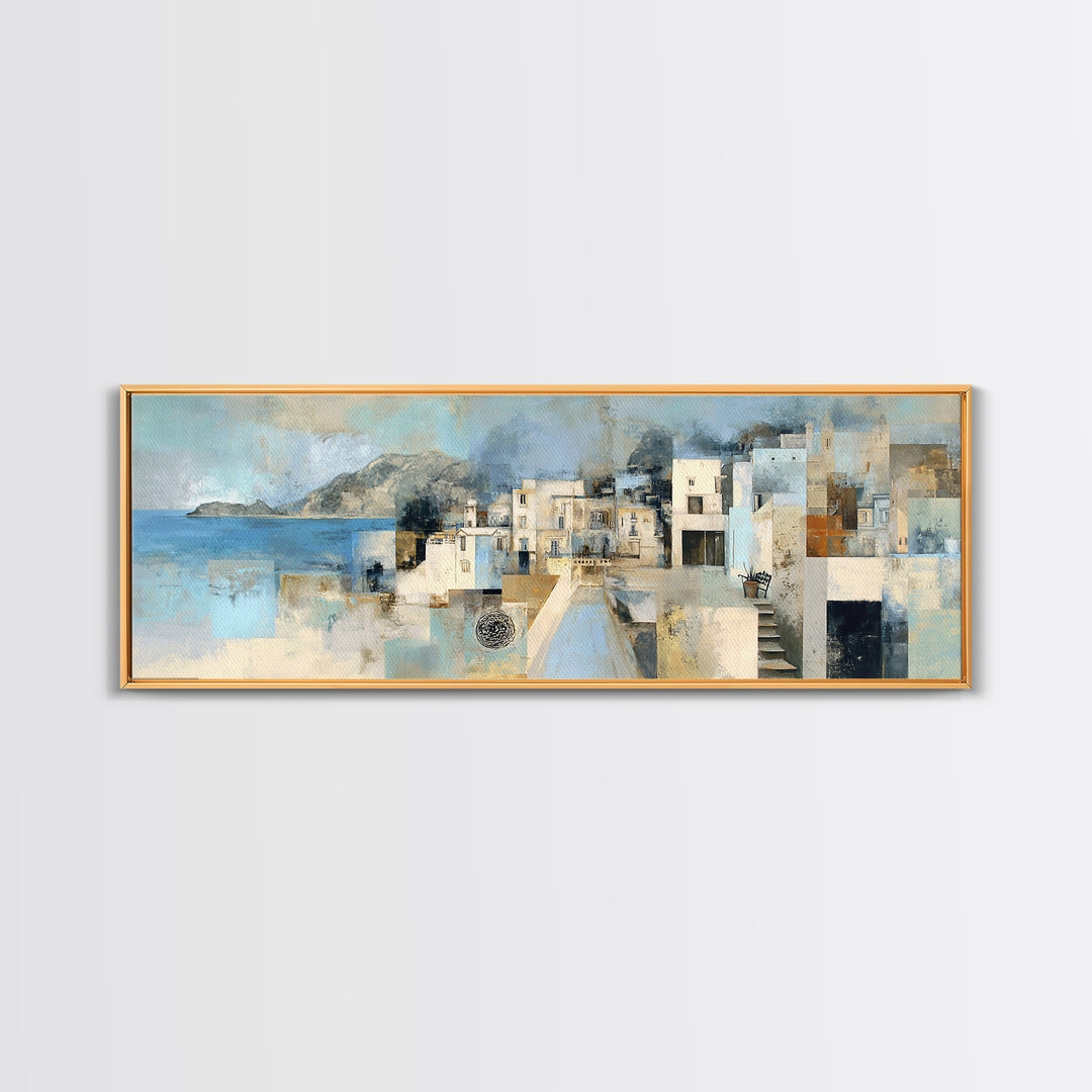 Mediterranean Terrace View Focused on Sea and Framed Canvas Print, Hotel Art, Textured Painting, Hotel Decor, Boutique, HOT-3x1-27