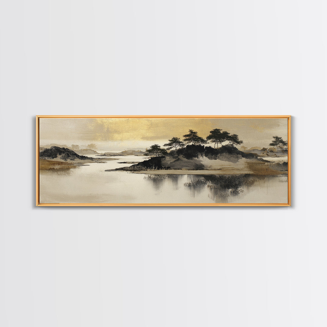 Japanese Ink Landscape Canvas Print, Hotel Art, Art Deco, Hotel Decor, Boutique, Minimalist Wall Art, Gallery Wall Art, HOT-3x1-34