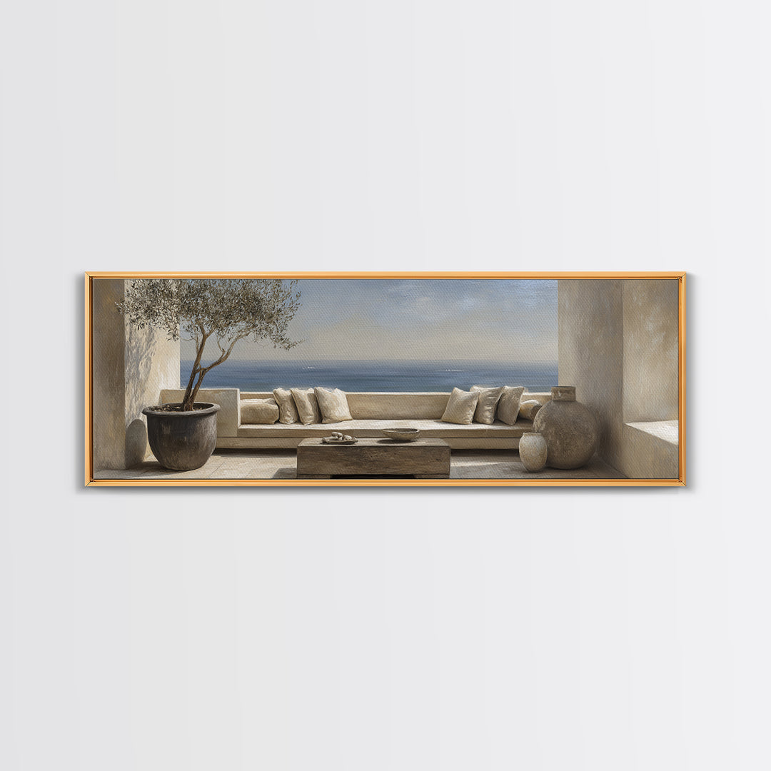 Mediterranean Terrace View Focused on Sea and Framed Canvas Print, Hotel Art, Art Print, Hotel Decor, Fine Art, Boutique, HOT-3x1-99