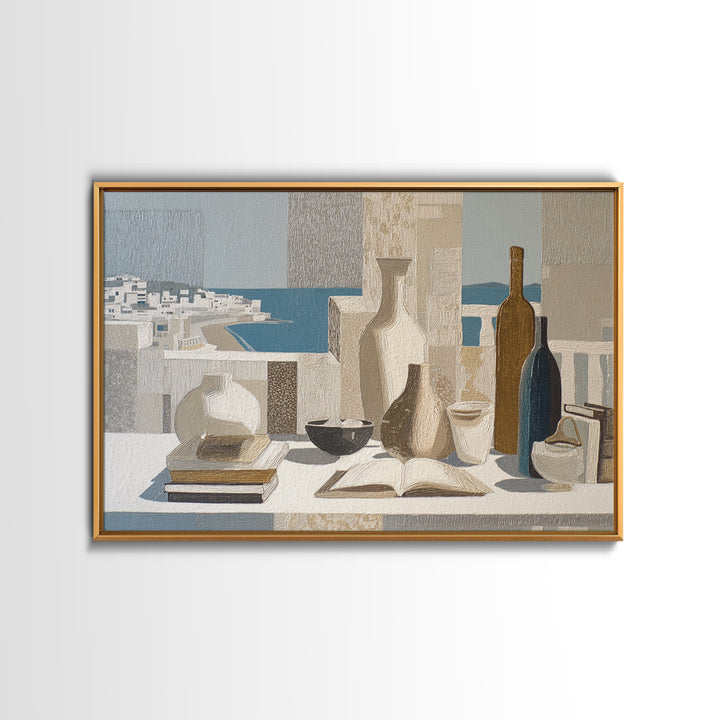 Mediterranean Terrace View Focused on Sea and Framed Canvas Print, Hotel Art, Modern Wall Art, Hotel Decor, Fine Art, Boutique, HOT-3x2-15