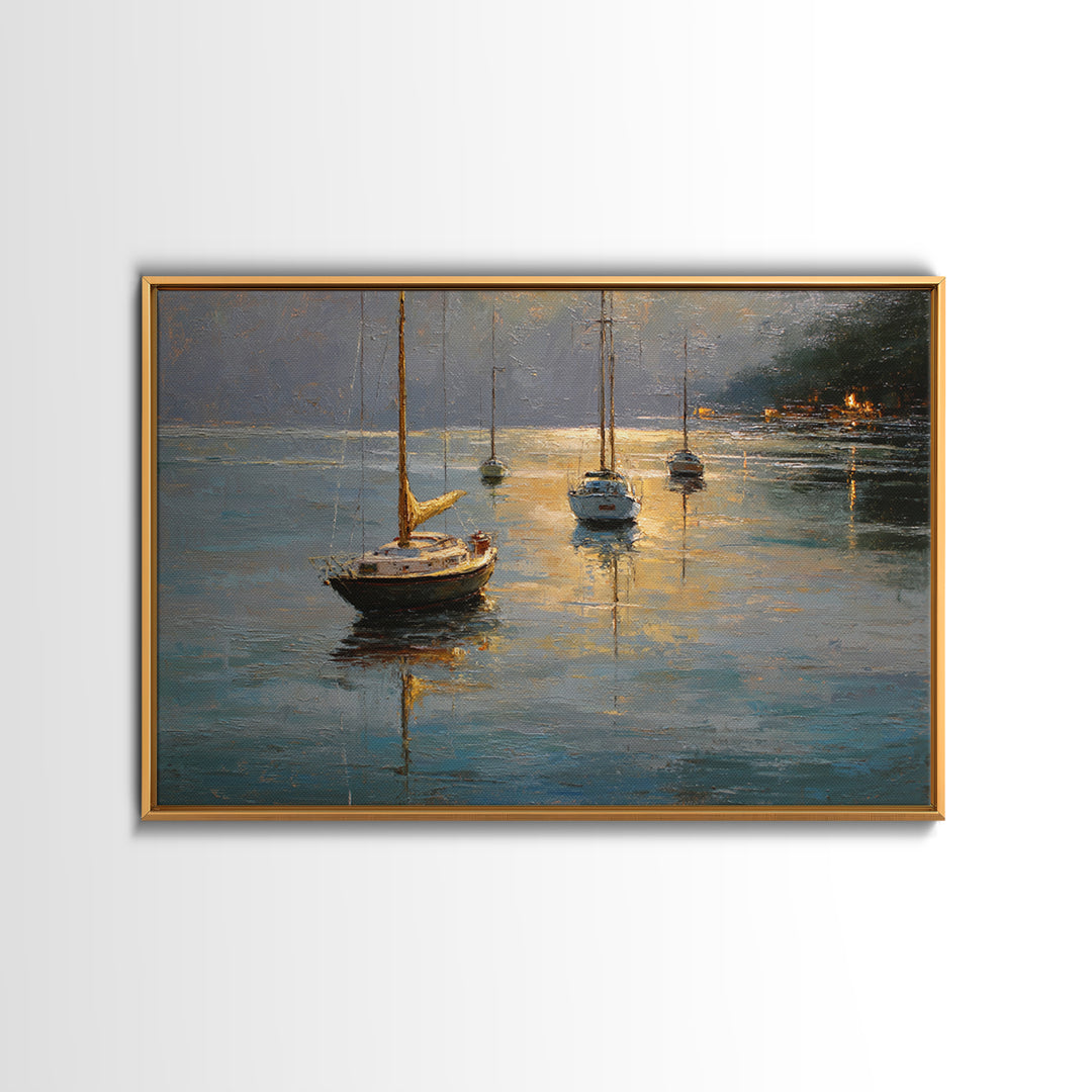 Quiet Harbor with Sailboats at Dawn Framed Canvas Print, Hotel Art, Coastal Wall Art, Hotel Decor, Oil Painting, Boutique, HOT-3x2-50