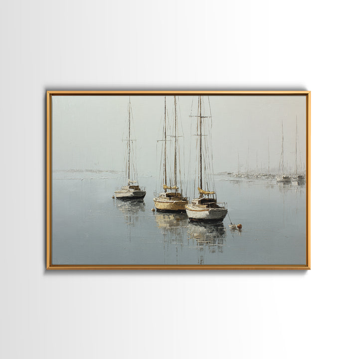 Quiet Harbor with Sailboats at Dawn Framed Canvas Print, Hotel Art, Coastal Wall Art, Hotel Decor, Oil Painting, Boutique, HOT-3x2-74
