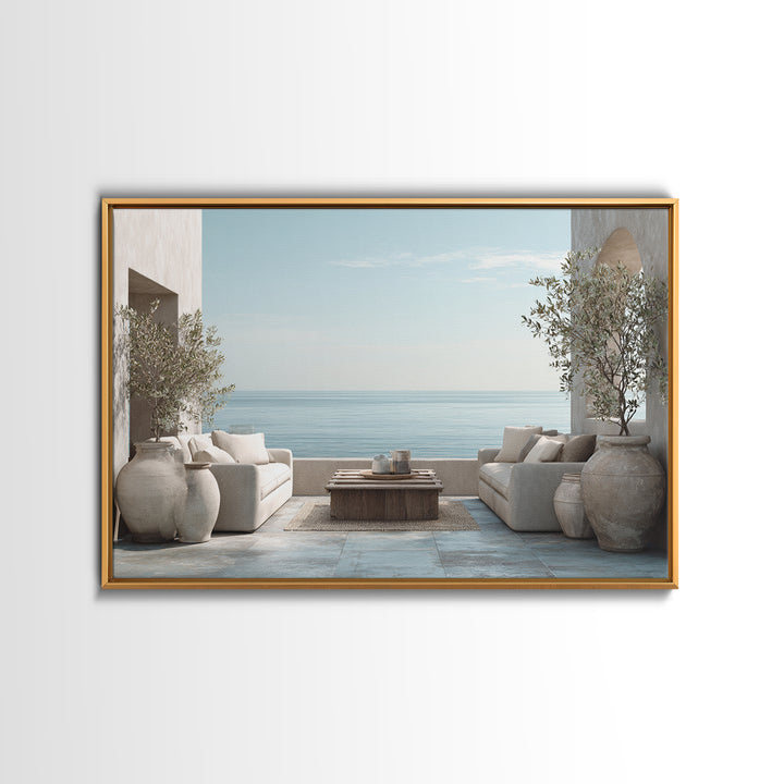 Mediterranean Terrace View Focused on Sea and Framed Canvas Print, Hotel Art, Poster, Hotel Decor, Fine Art, Boutique, HOT-3x2-87