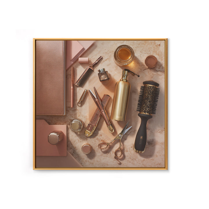 Rose Gold Salon Tool Still Life Framed Canvas Print, Hair Salon Art, Hairdresser Gift, Living Room Decor, Fine Art, Style, HSA-1x1-62