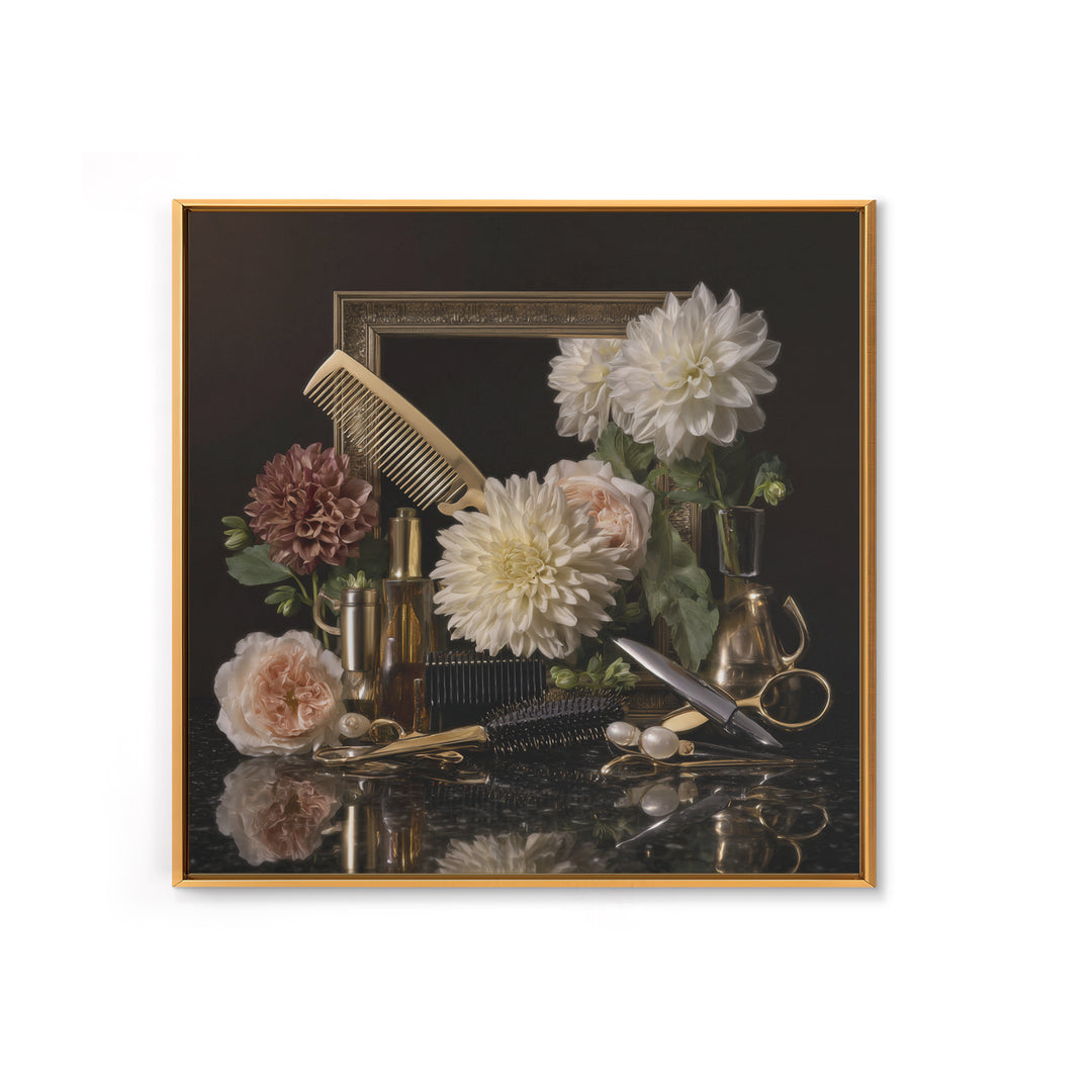 Baroque Mirror and Comb Still Life Framed Canvas Print, Hair Salon Art, Home Decor, Living Room Decor, Fine Art, Style, HSA-1x1-65