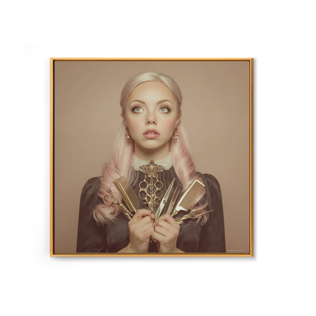 Glamour Face Portrait Framed Canvas Print, Hair Salon Art, Metal Wall Art, Living Room Decor, Style, Black and White Art, HSA-1x1-8