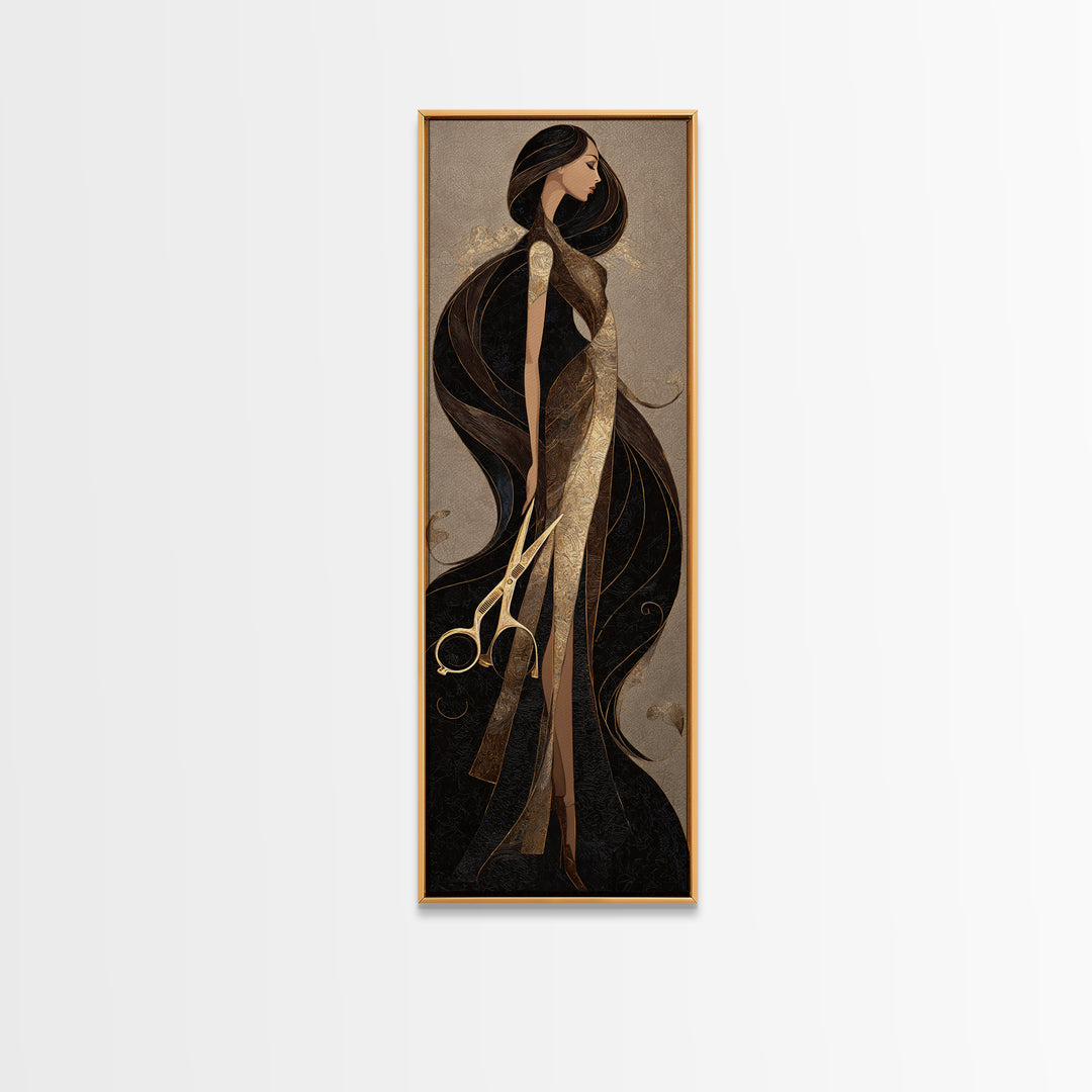Luxury Black and Gold Beauty Emblem Canvas Print, Hair Salon Art, Statement Artwork, Living Room Decor, Oil Painting, Style, HSA-1x3-12