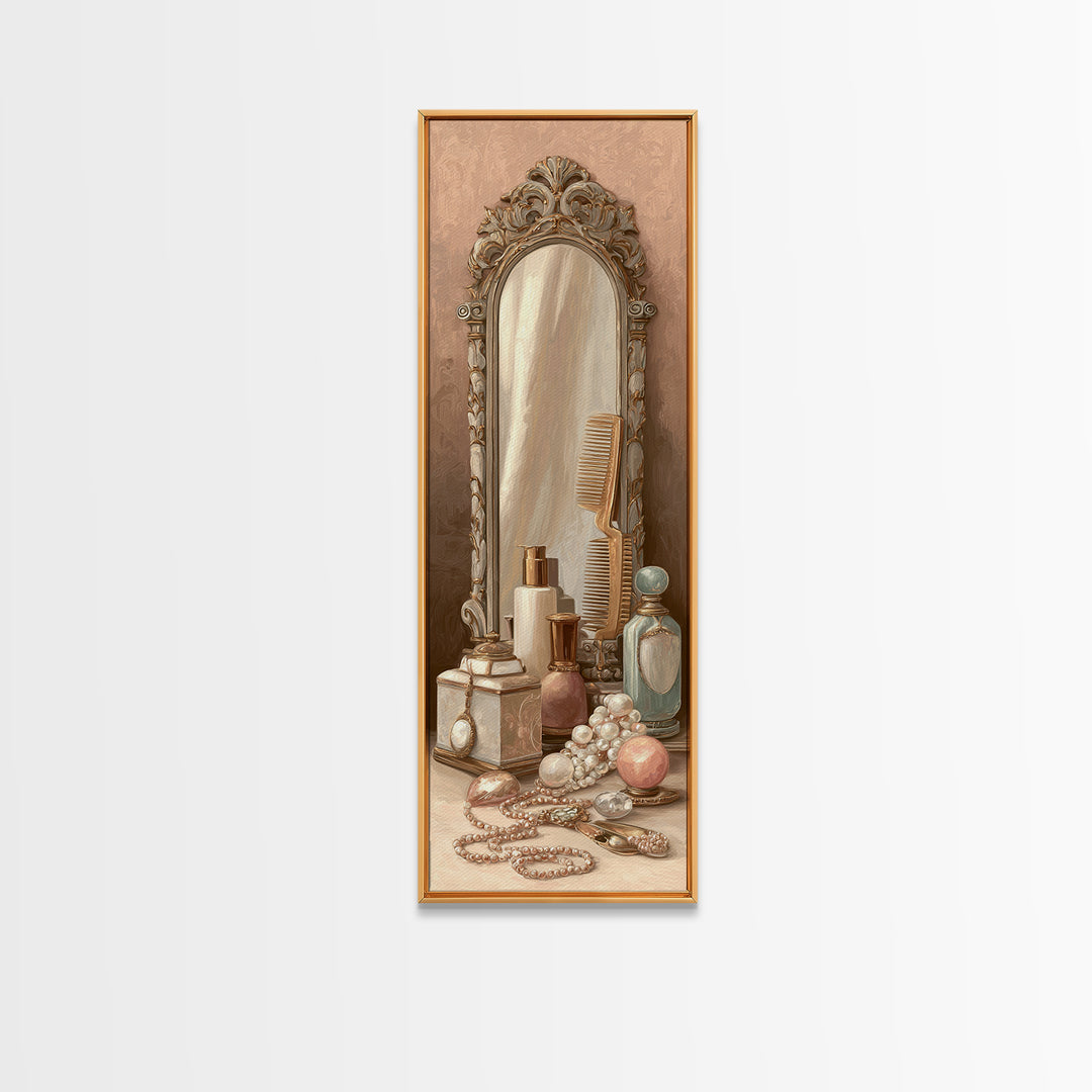Baroque Mirror and Comb Still Life Framed Canvas Print, Hair Salon Art, Neutral Decor, Living Room Decor, Fine Art, Style, HSA-1x3-29