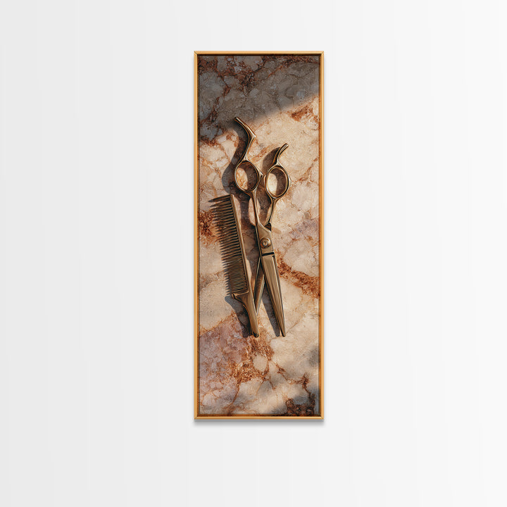 Gold Scissors and Comb Still Life on Canvas Print, Hair Salon Art, Salon Sign, Living Room Decor, Fine Art, Style, Luxury Decor, HSA-1x3-38