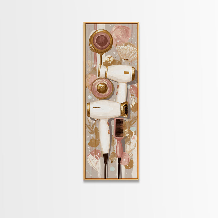 Hairdryer and Brush Framed Canvas Print, Hair Salon Art, Boho Decor, Living Room Decor, Oil Painting, Style, Art Print, HSA-1x3-45
