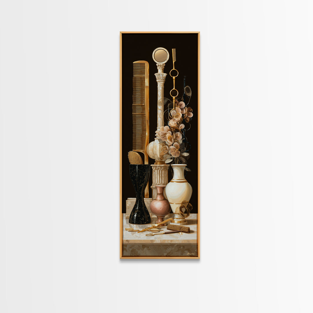 Baroque Mirror and Comb Still Life Framed Canvas Print, Hair Salon Art, Neutral Decor, Living Room Decor, Fine Art, Style, HSA-1x3-53