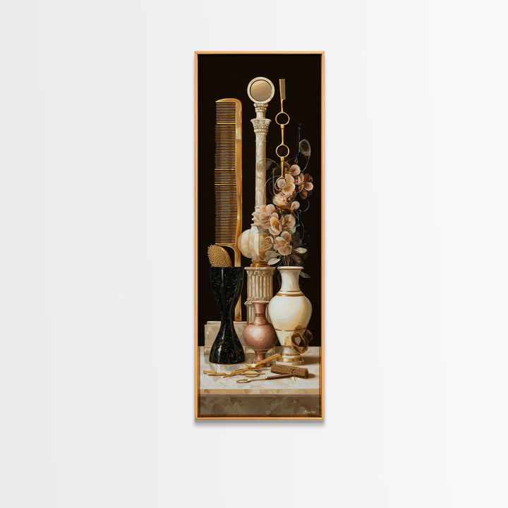 Baroque Mirror and Comb Still Life Framed Canvas Print, Hair Salon Art, Neutral Decor, Living Room Decor, Fine Art, Style, HSA-1x3-53