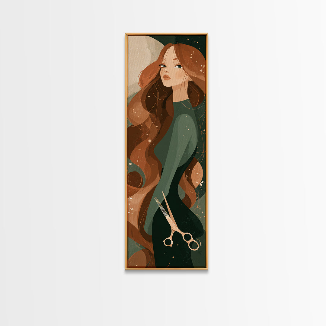 Copper Hair Silhouette Framed Canvas Print, Hair Salon Art, Girls Room Decor, Living Room Decor, Fine Art, Style, HSA-1x3-70