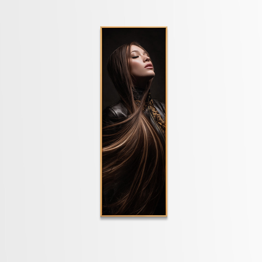 Fashion Portrait with Flowing Glossy Hair Canvas Print, Hair Salon Art, Art, Living Room Decor, Oil Painting, Style, HSA-1x3-85