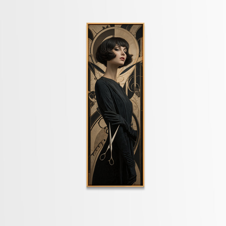 Woman with Dramatic Bob Haircut in Art Canvas Print, Hair Salon Art, African Art, Living Room Decor, Oil Painting, Style, HSA-1x3-88
