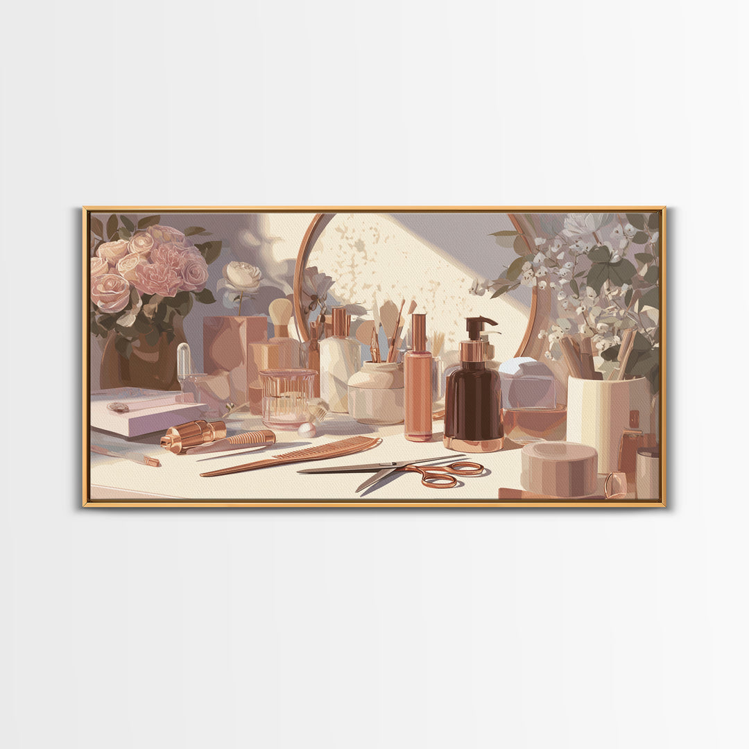 Rose Gold Salon Tool Still Life Framed Canvas Print, Hair Salon Art, Luxury Decor, Living Room Decor, Fine Art, Style, HSA-2x1-10