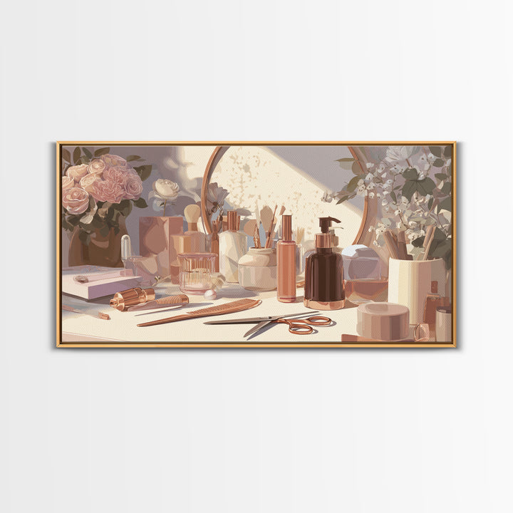 Rose Gold Salon Tool Still Life Framed Canvas Print, Hair Salon Art, Luxury Decor, Living Room Decor, Fine Art, Style, HSA-2x1-10