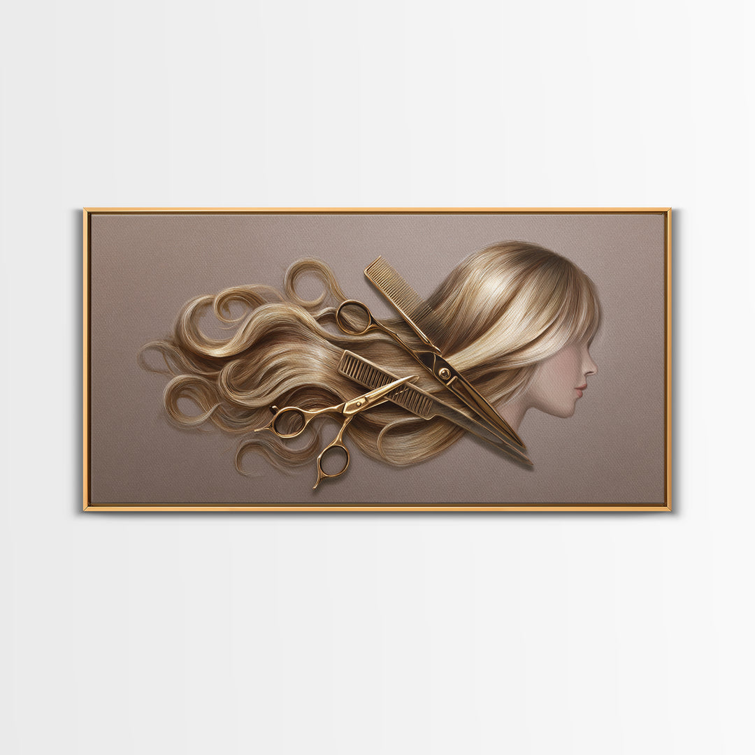 Luxury Black and Gold Beauty Emblem Framed Canvas Print, Hair Salon Art, Fine Art Print, Living Room Decor, Fine Art, Style, HSA-2x1-20