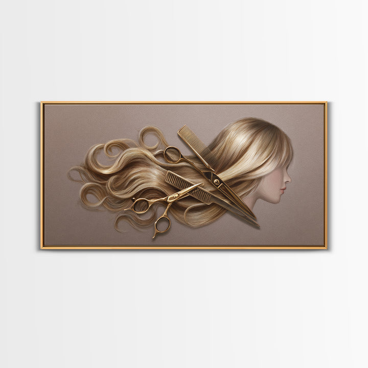 Luxury Black and Gold Beauty Emblem Framed Canvas Print, Hair Salon Art, Fine Art Print, Living Room Decor, Fine Art, Style, HSA-2x1-20