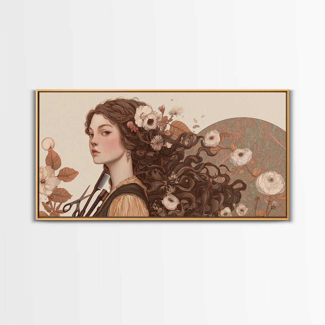 Botanical Hairstyle Portrait Canvas Print, Hair Salon Art, Boho Decor, Living Room Decor, Fine Art, Style, Art Print, HSA-2x1-26