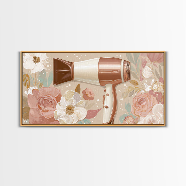 Hairdryer and Brush Framed Canvas Print, Hair Salon Art, Art, Living Room Decor, Watercolor Art, Style, Black Art Prints, HSA-2x1-29