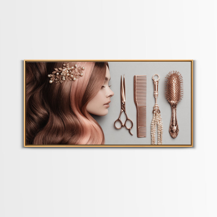 Rose Gold Salon Tool Still Life Framed Canvas Print, Hair Salon Art, Luxury Decor, Living Room Decor, Fine Art, Style, HSA-2x1-34