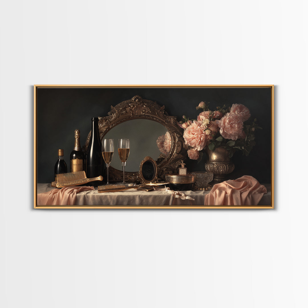 Baroque Mirror and Comb Still Life Framed Canvas Print, Hair Salon Art, Minimalist Decor, Living Room Decor, Fine Art, Style, HSA-2x1-37