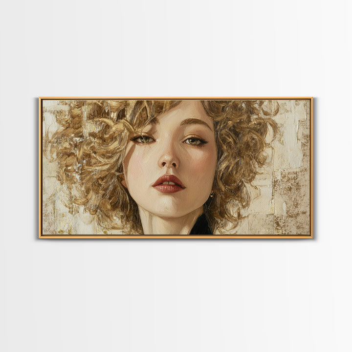 Curly Hair Portrait Framed Canvas Print, Hair Salon Art, Black and White Art, Living Room Decor, Fine Art, Style, Neutral Decor, HSA-2x1-59