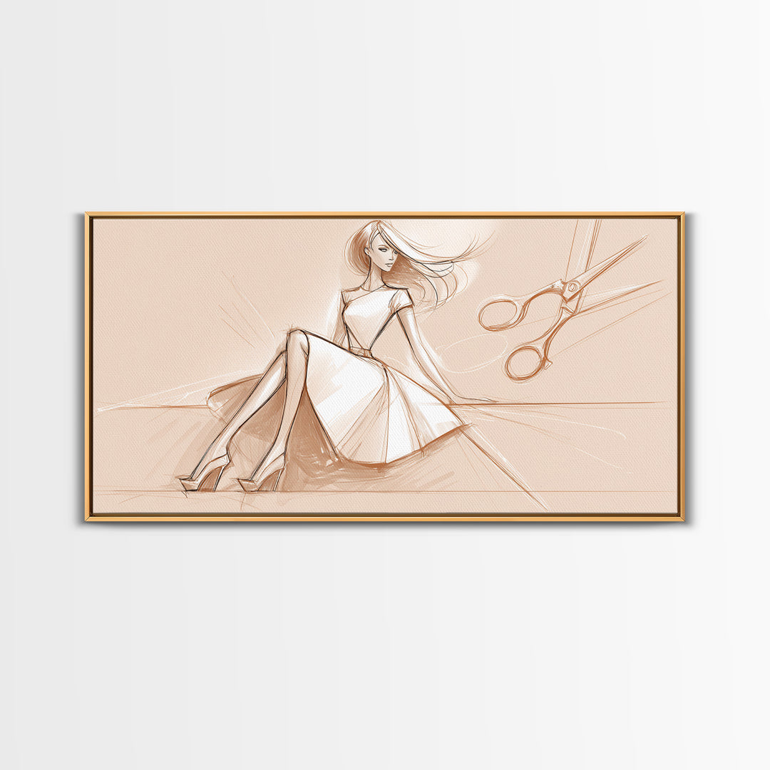 Black and White Line Art Salon Figure Framed Canvas Print, Hair Salon Art, Statement Artwork, Living Room Decor, Oil Painting, HSA-2x1-75