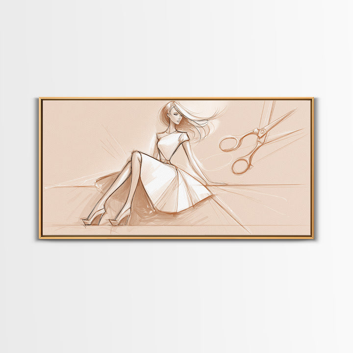Black and White Line Art Salon Figure Framed Canvas Print, Hair Salon Art, Statement Artwork, Living Room Decor, Oil Painting, HSA-2x1-75