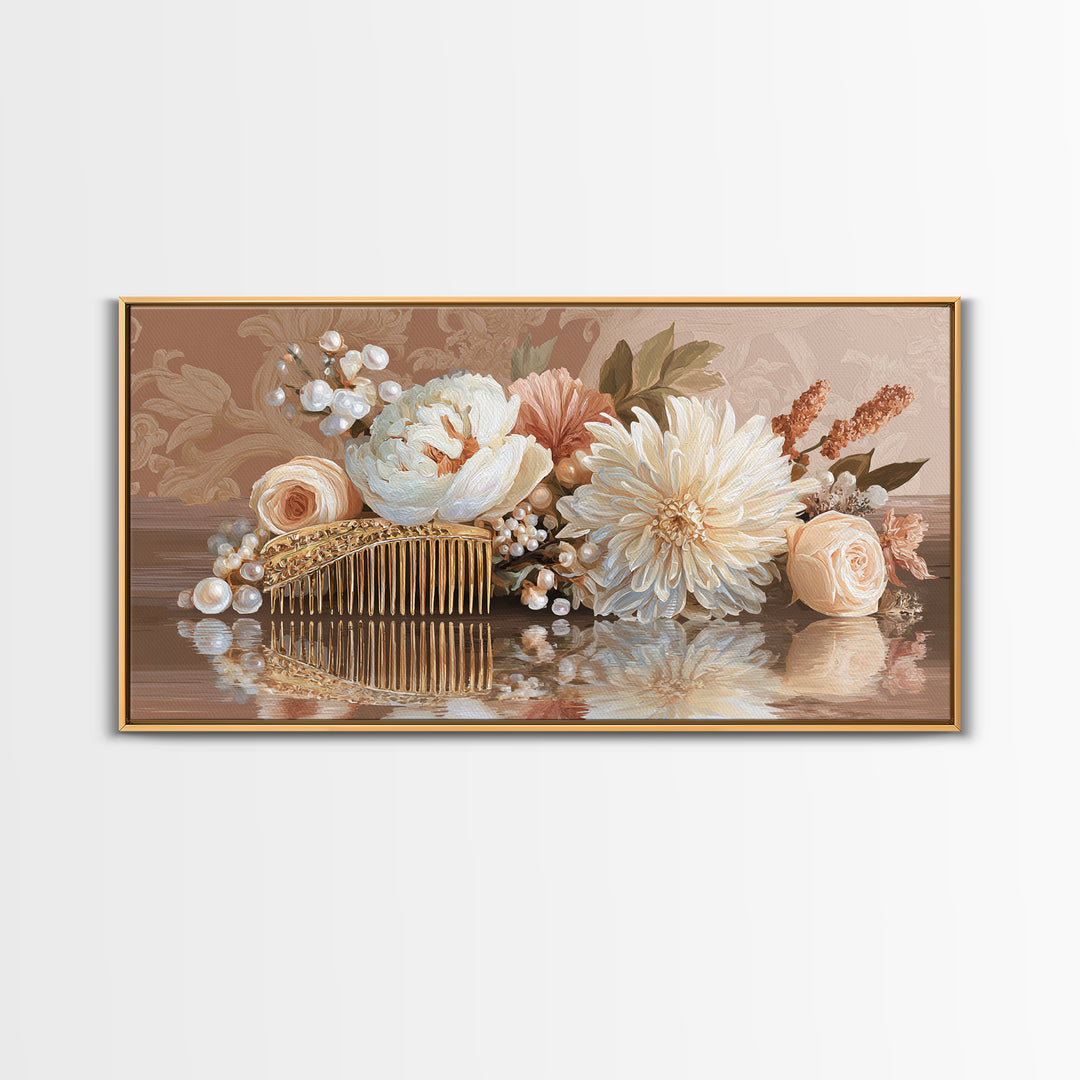 Baroque Mirror and Comb Still Life Framed Canvas Print, Hair Salon Art, Printable Art, Living Room Decor, Fine Art, Style, HSA-2x1-85